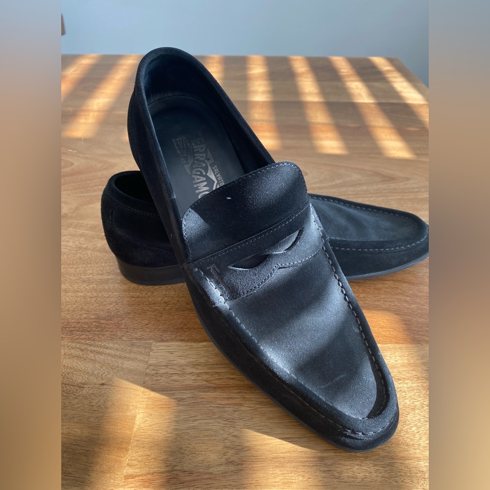 *SOLD* Salvatore Ferragamo Black Suede Loafers 10